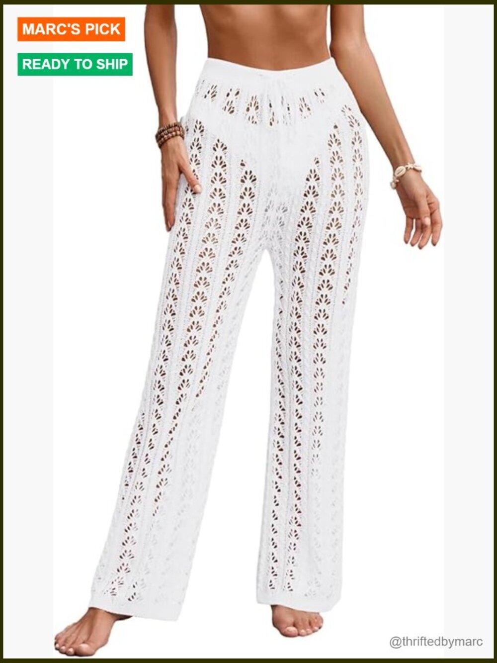 Crochet Swimsuit Coverup Knit Elastic Waist Striped Beach Pant